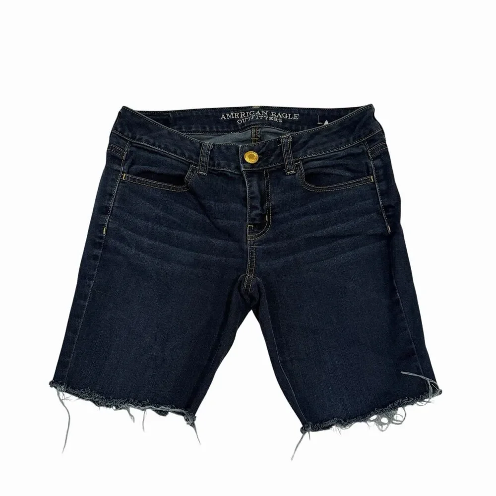 American Eagle Jegging‎ Jeans Shorts Womens Blue Denim Stretch 4 Long Cut Off